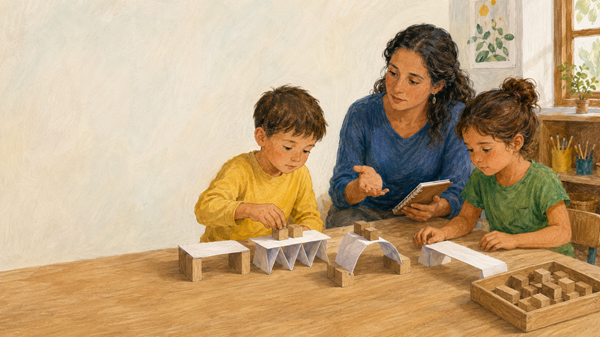 Ilustração de uma educadora observando duas crianças compararem estruturas de papel
