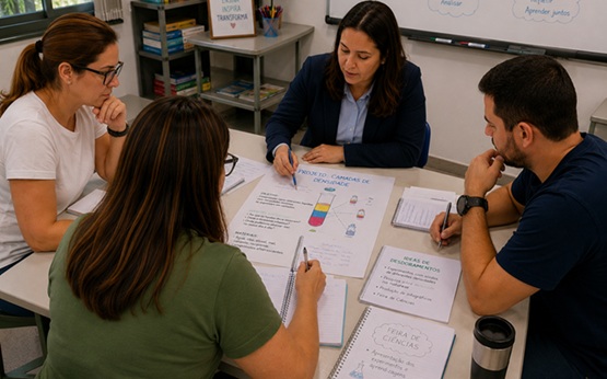 Substitua por uma foto de diálogo ou análise entre professores